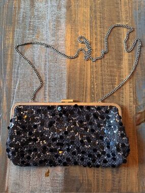 Black Sequin Evening Clutch with Chain Strap